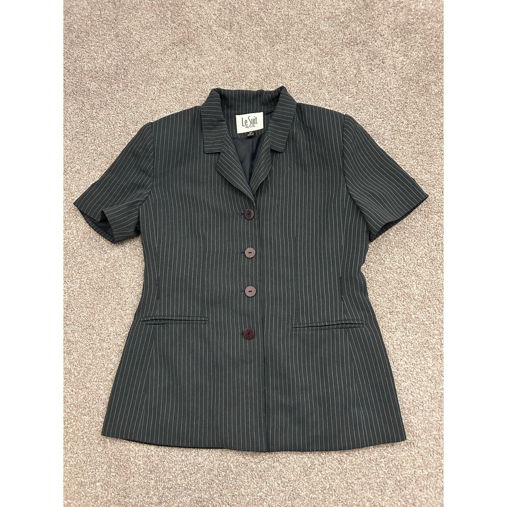 90s Le Suit Pinstripe Blazer Womens 8P Black Excellent Short Sleeve Button Front